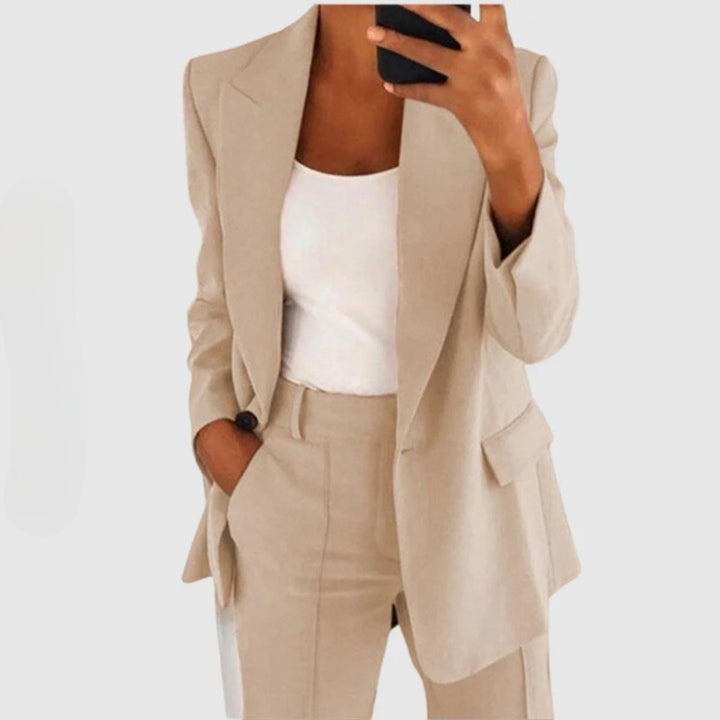 Women's Single-Button Semi-Stretch Slim-Fit Blazer Pants Set