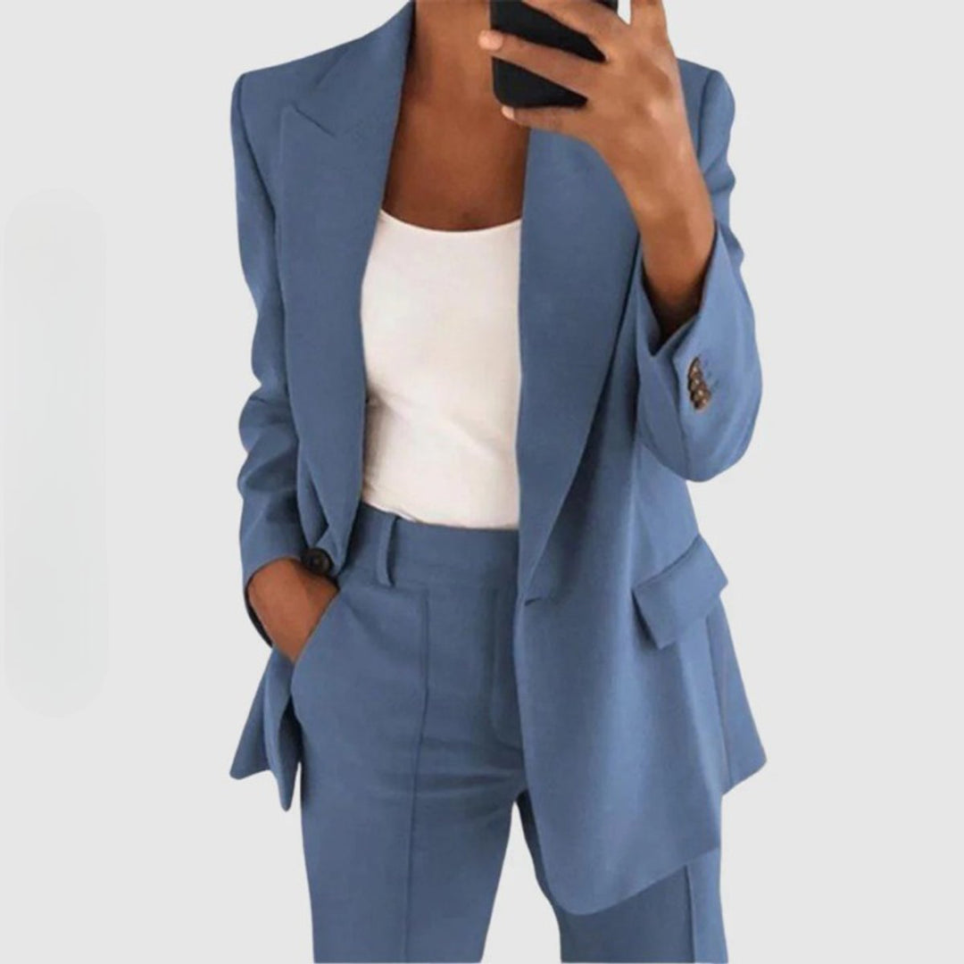 Women's Single-Button Semi-Stretch Slim-Fit Blazer Pants Set