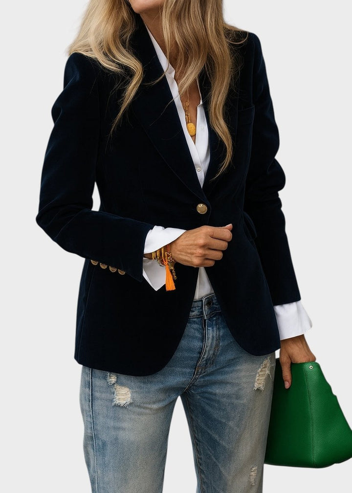 Women's Single-Button Structured Velvet Blazer Gold Cuff Detail