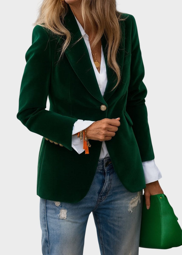 Women's Single-Button Structured Velvet Blazer Gold Cuff Detail