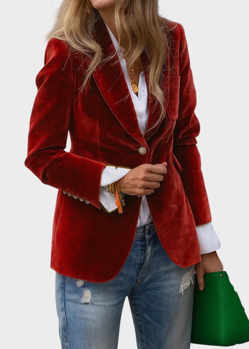 Women's Single-Button Structured Velvet Blazer Gold Cuff Detail