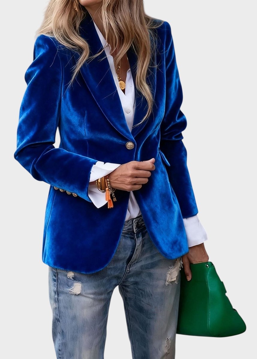Women's Single-Button Structured Velvet Blazer Gold Cuff Detail