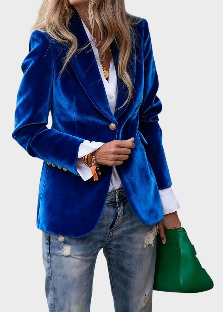 Women's Single-Button Structured Velvet Blazer Gold Cuff Detail