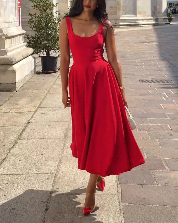 Women's Sleeveless A-Line Fall Midi Dress Scoop Neck
