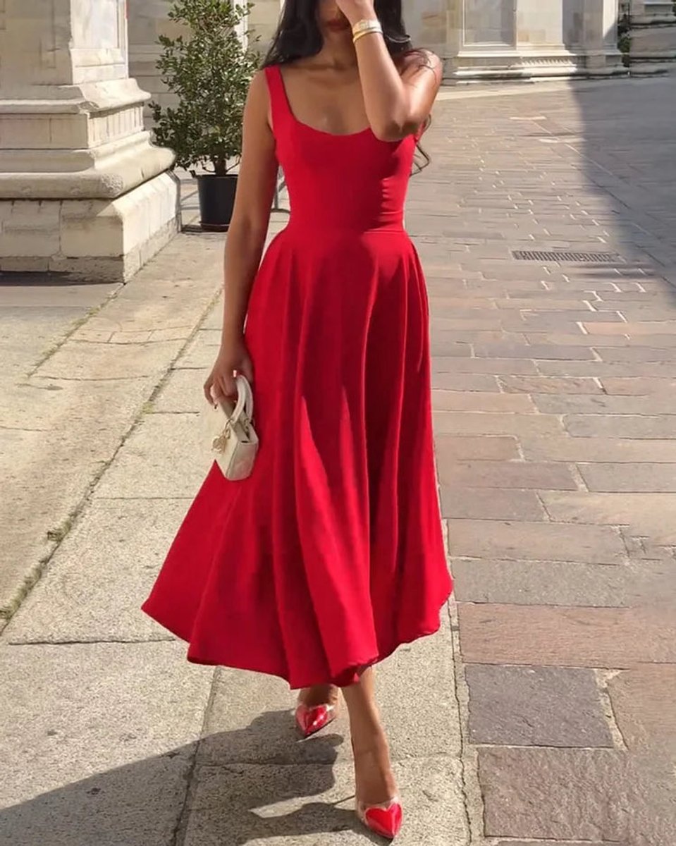 Women's Sleeveless A-Line Fall Midi Dress Scoop Neck