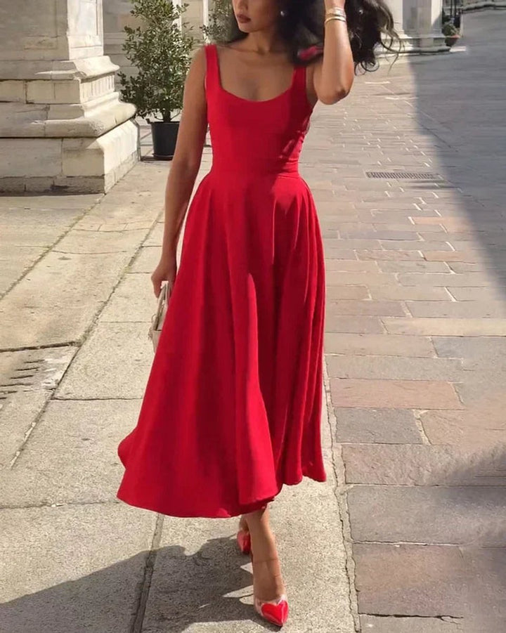Women's Sleeveless A-Line Fall Midi Dress Scoop Neck