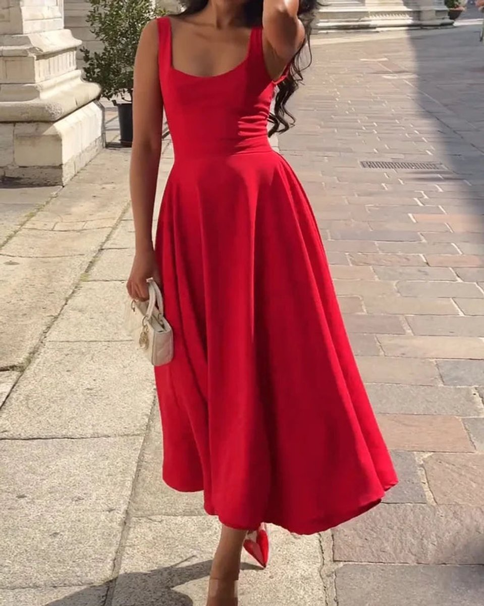 Women's Sleeveless A-Line Fall Midi Dress Scoop Neck