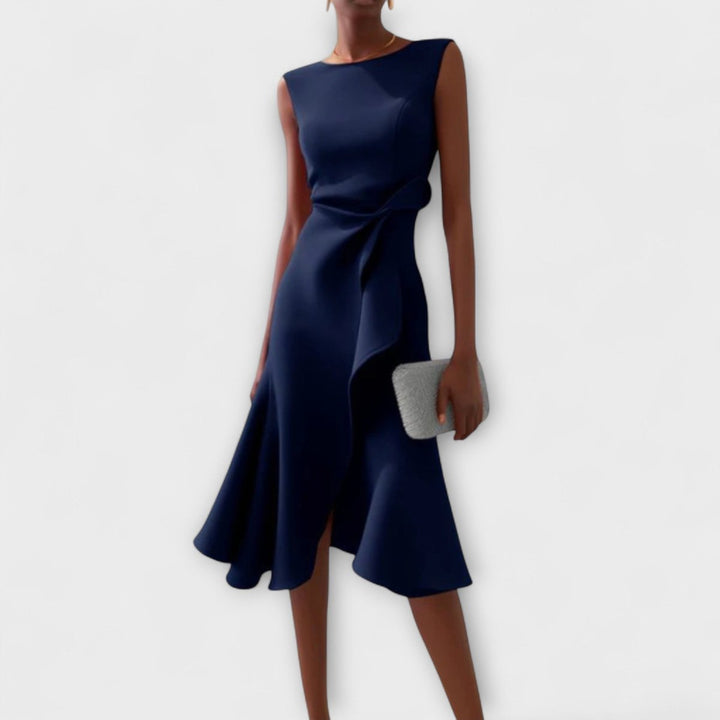 Women's Sleeveless Asymmetric Draped Midi Formal Dress