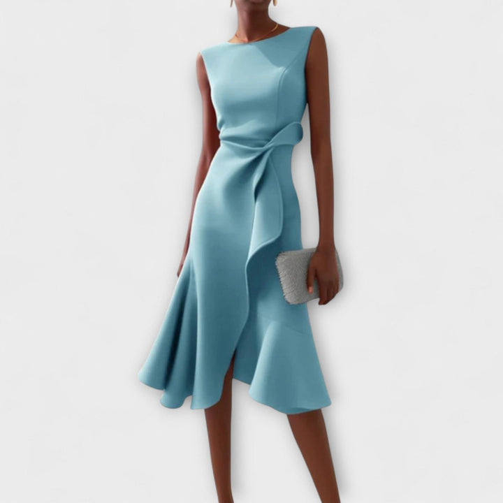 Women's Sleeveless Asymmetric Draped Midi Formal Dress