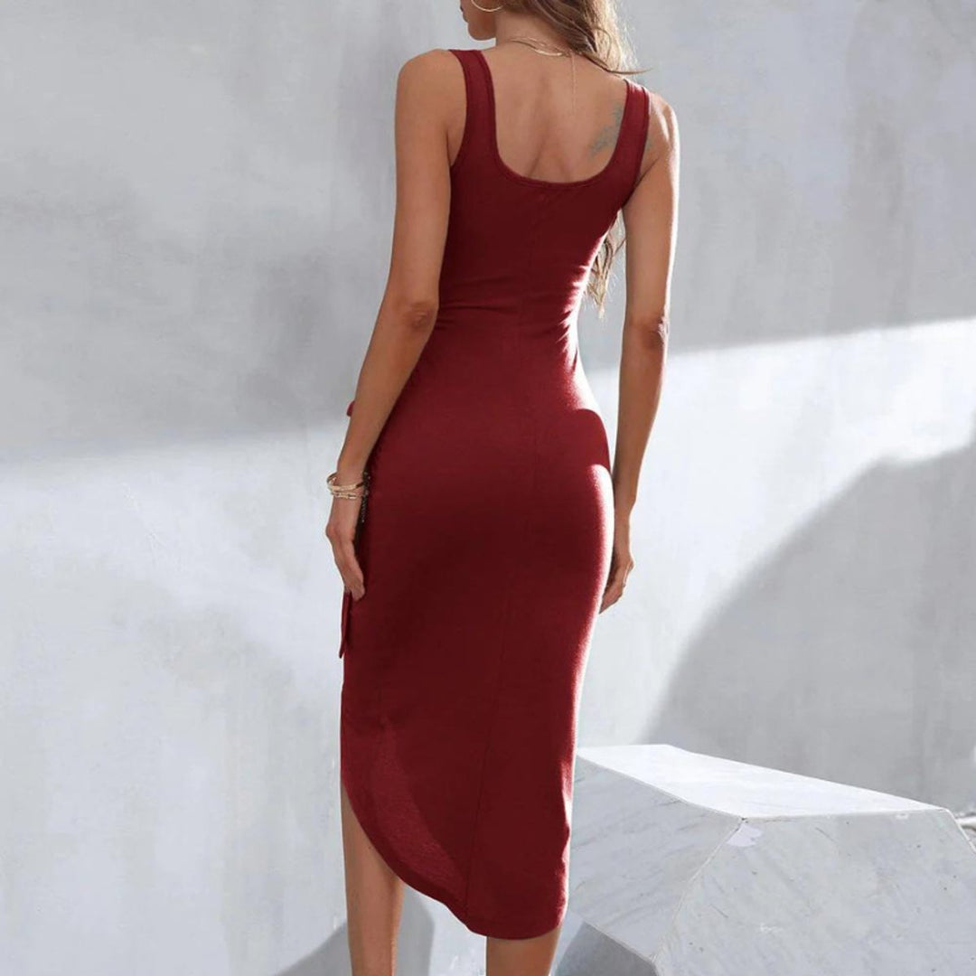 Women's Sleeveless Asymmetric Tie-Waist Fall Midi Dress