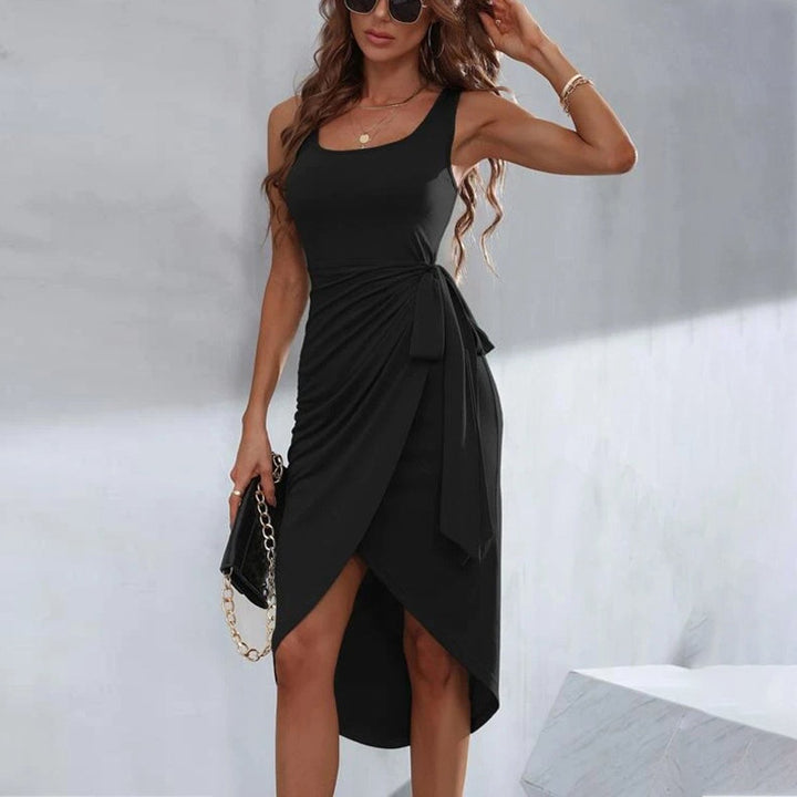 Women's Sleeveless Asymmetric Tie-Waist Fall Midi Dress