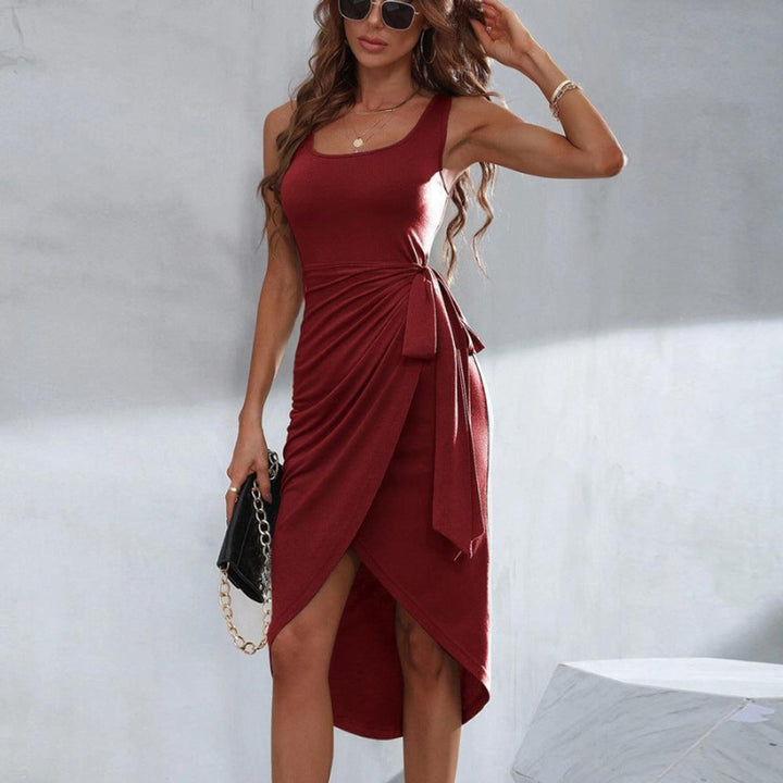 Women's Sleeveless Asymmetric Tie-Waist Fall Midi Dress