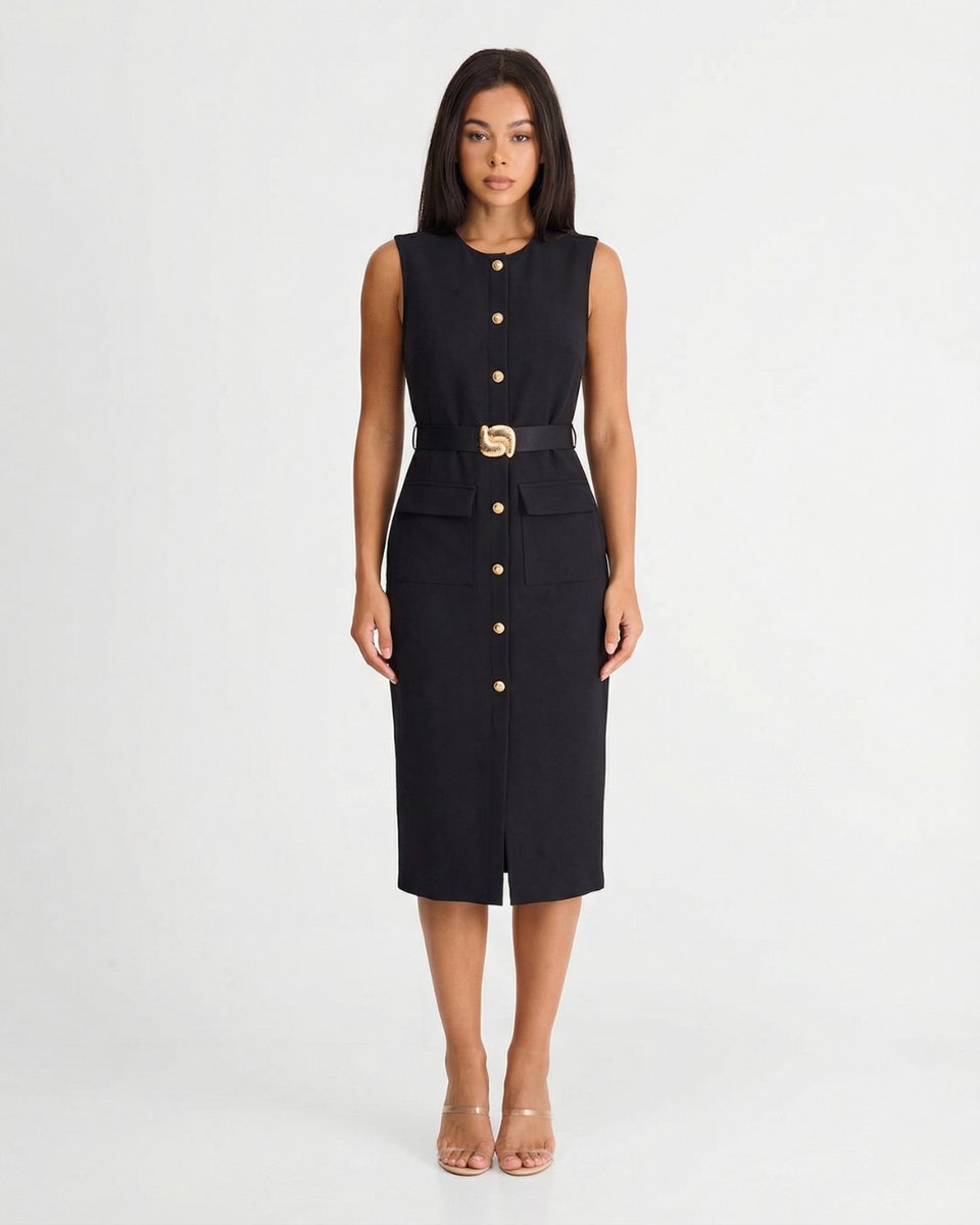 Women's Sleeveless Button-Down Belted Midi Formal Dress