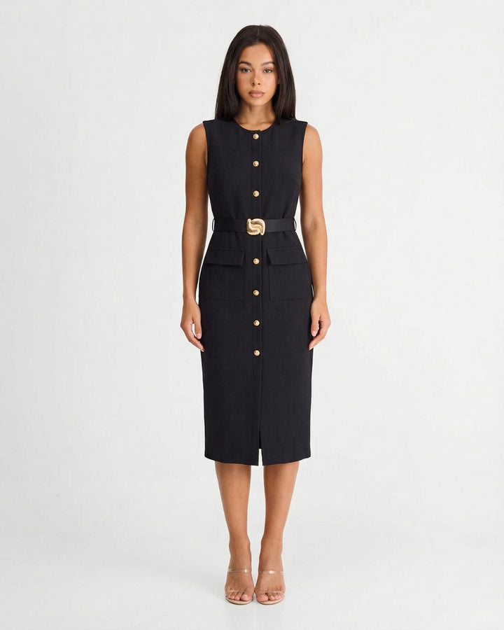 Women's Sleeveless Button-Down Belted Midi Formal Dress