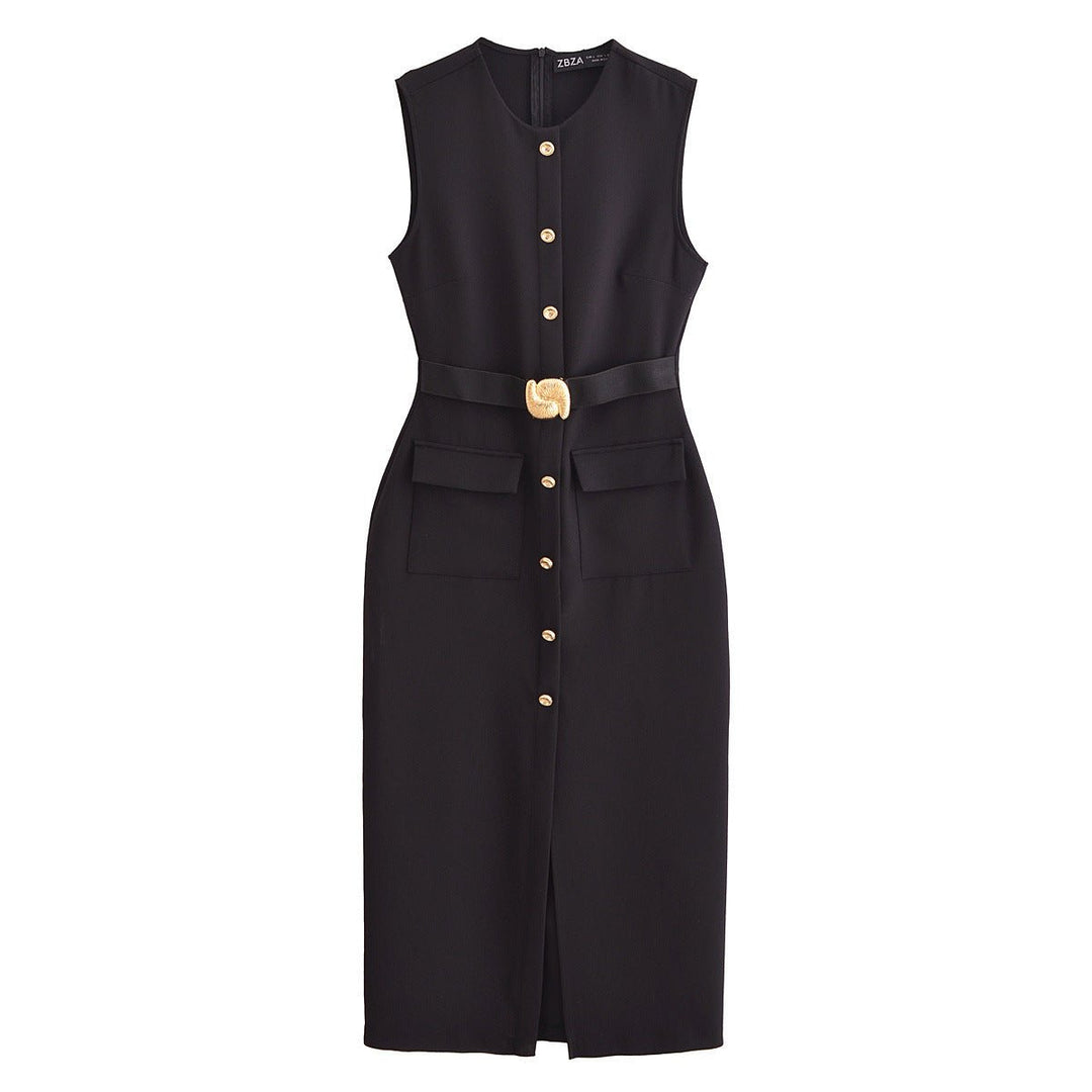 Women's Sleeveless Button-Down Belted Midi Formal Dress