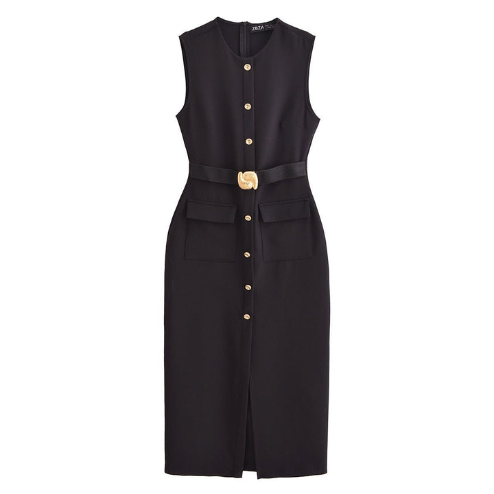 Women's Sleeveless Button-Down Belted Midi Formal Dress
