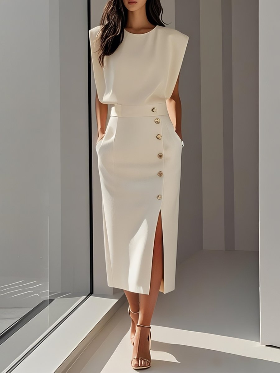 Women's Sleeveless Button-Front Slit Midi Formal Dress