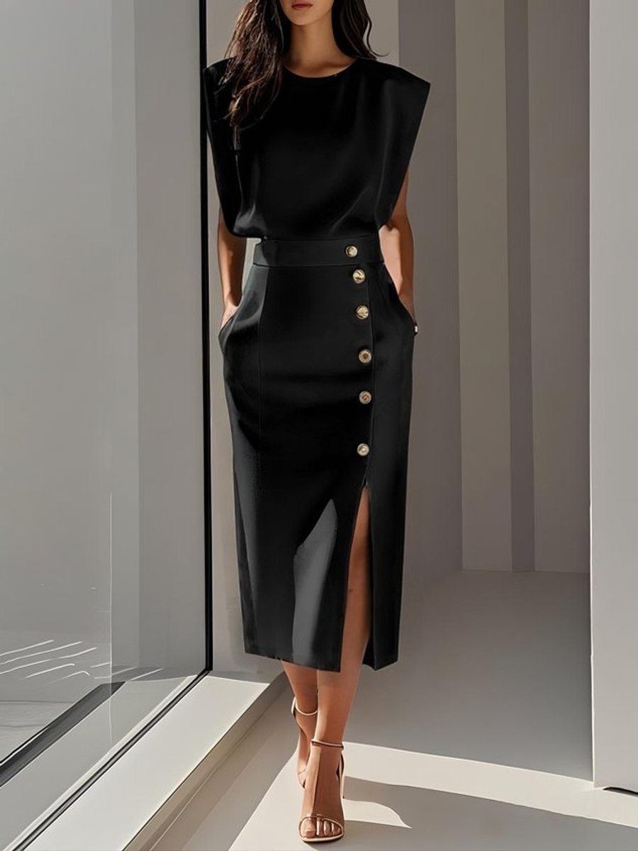 Women's Sleeveless Button-Front Slit Midi Formal Dress