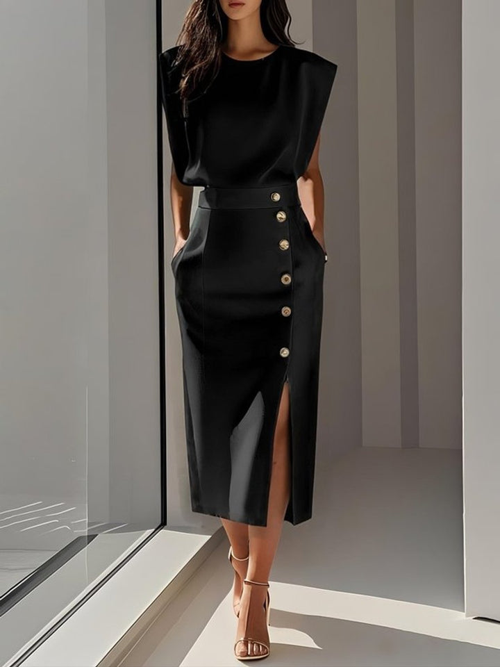 Women's Sleeveless Button-Front Slit Midi Formal Dress