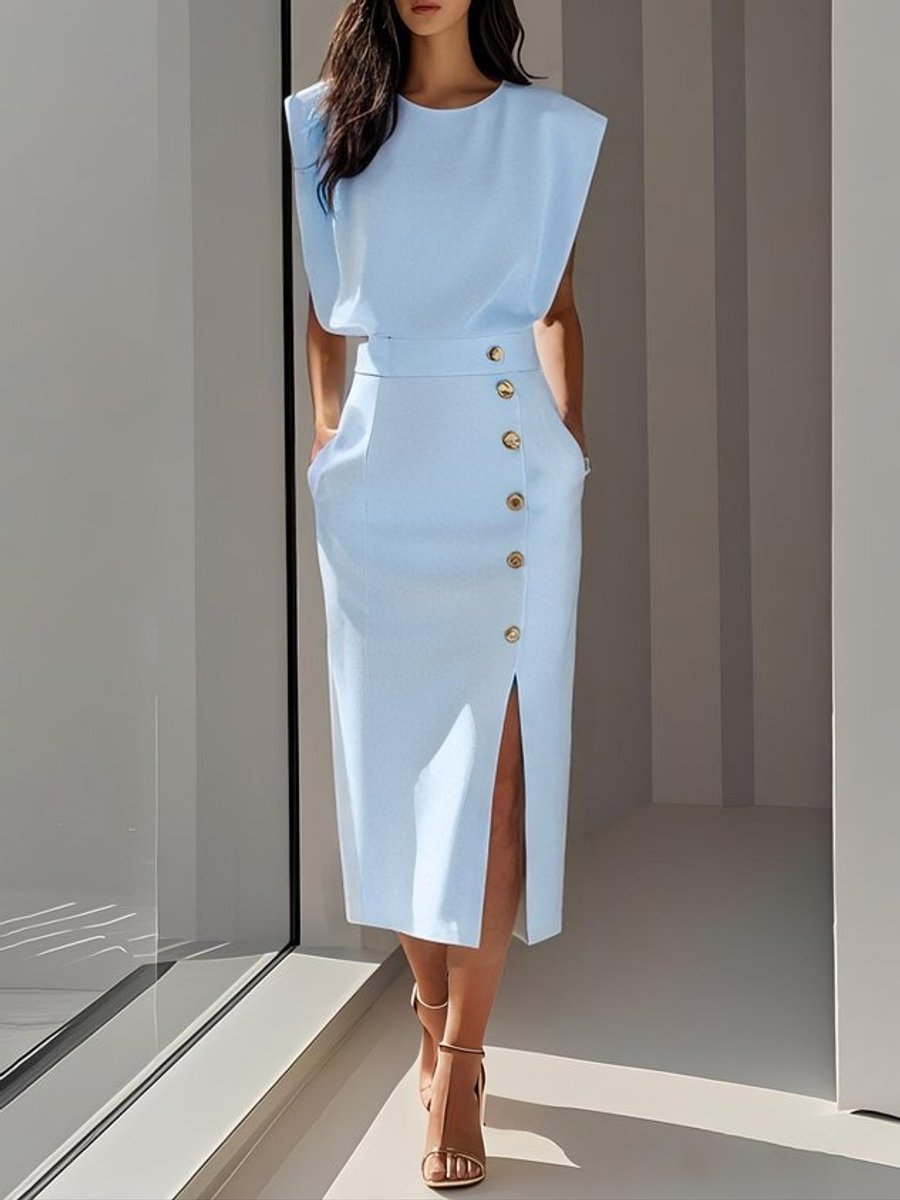 Women's Sleeveless Button-Front Slit Midi Formal Dress