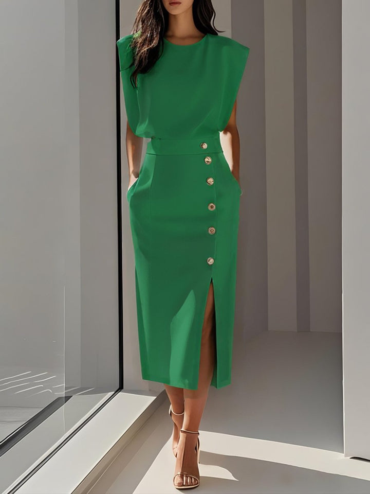 Women's Sleeveless Button-Front Slit Midi Formal Dress