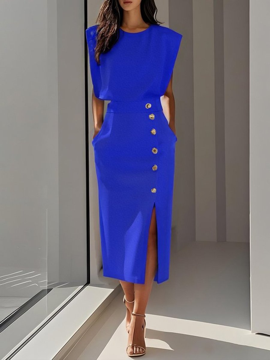 Women's Sleeveless Button-Front Slit Midi Formal Dress