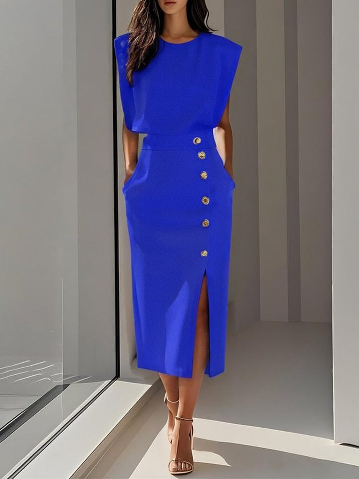 Women's Sleeveless Button-Front Slit Midi Formal Dress