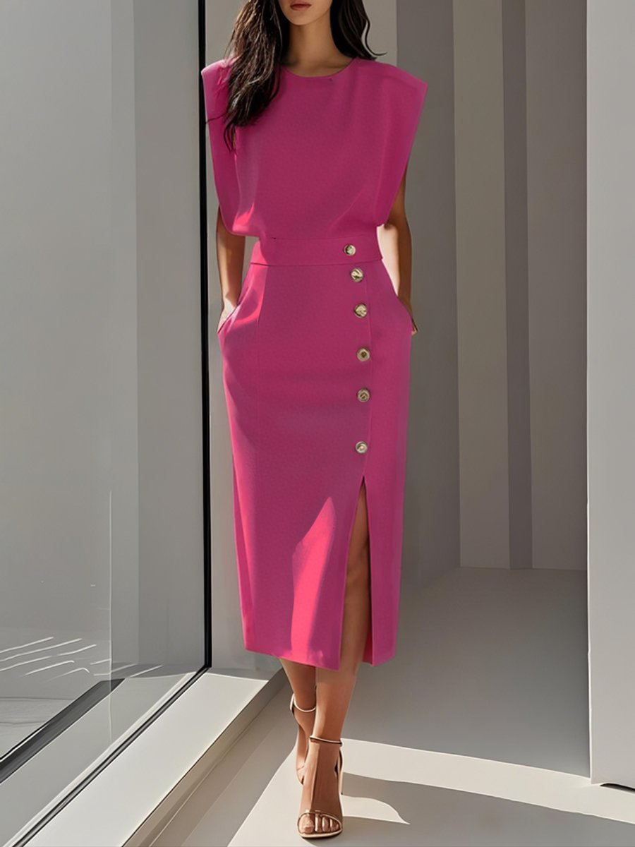 Women's Sleeveless Button-Front Slit Midi Formal Dress