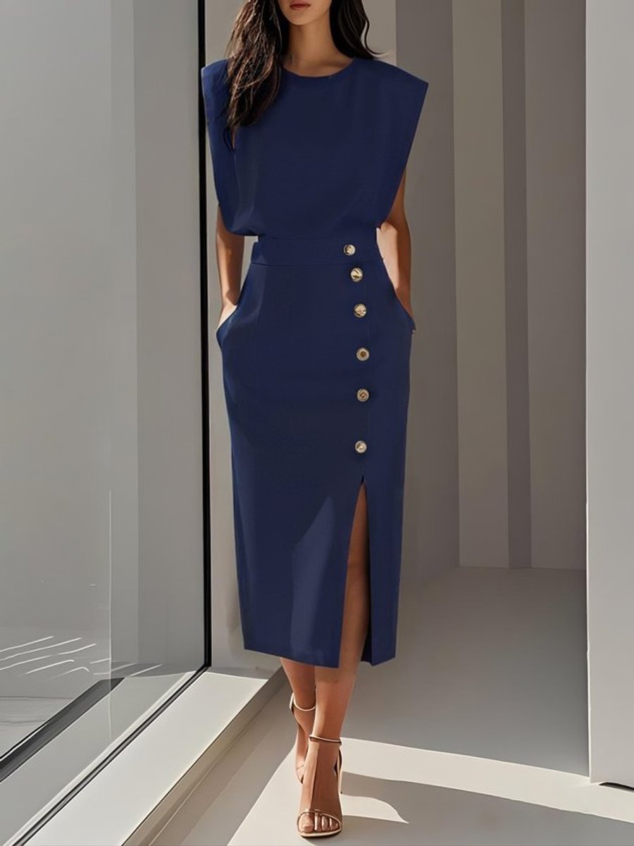 Women's Sleeveless Button-Front Slit Midi Formal Dress