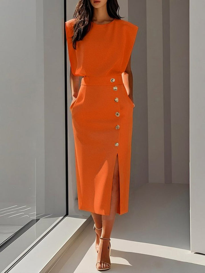 Women's Sleeveless Button-Front Slit Midi Formal Dress