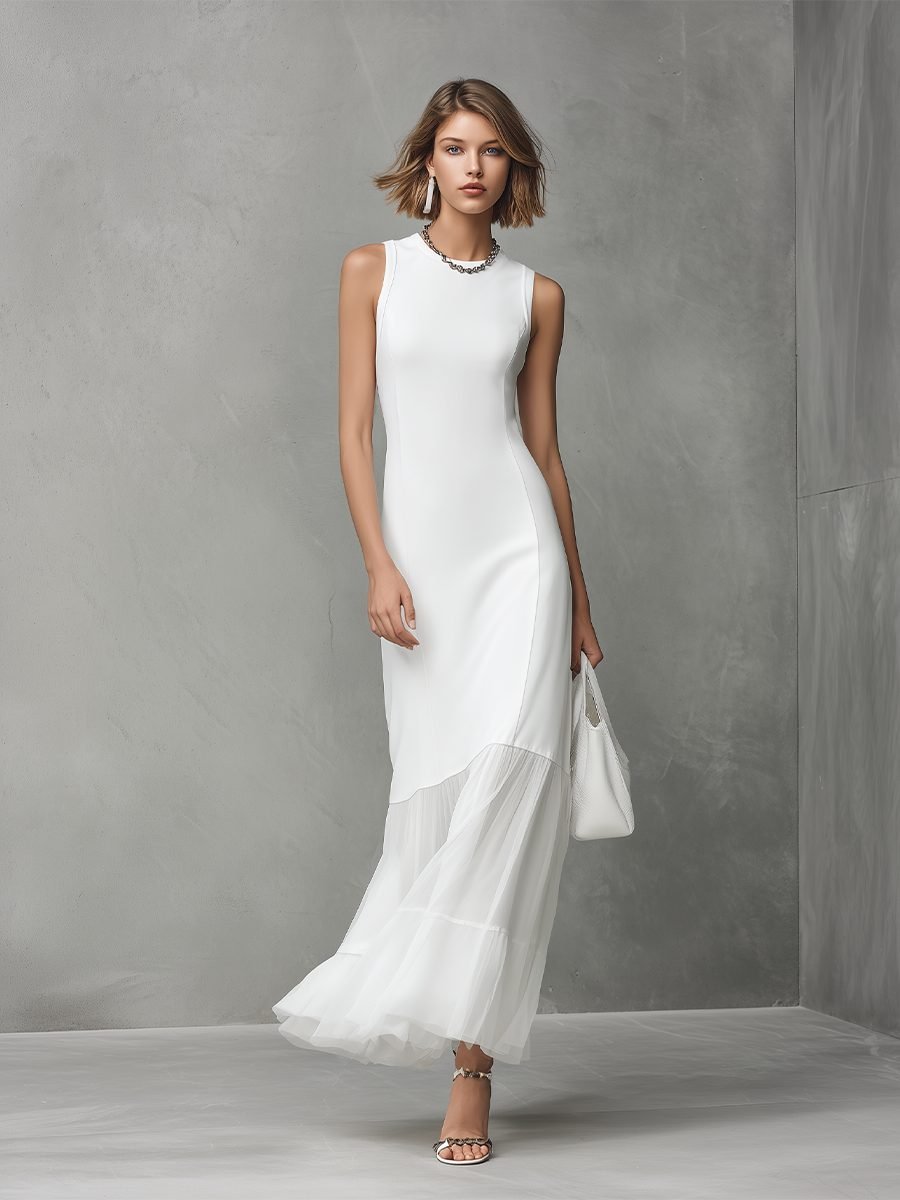Women's Sleeveless Chiffon Hem Midi Formal Dress