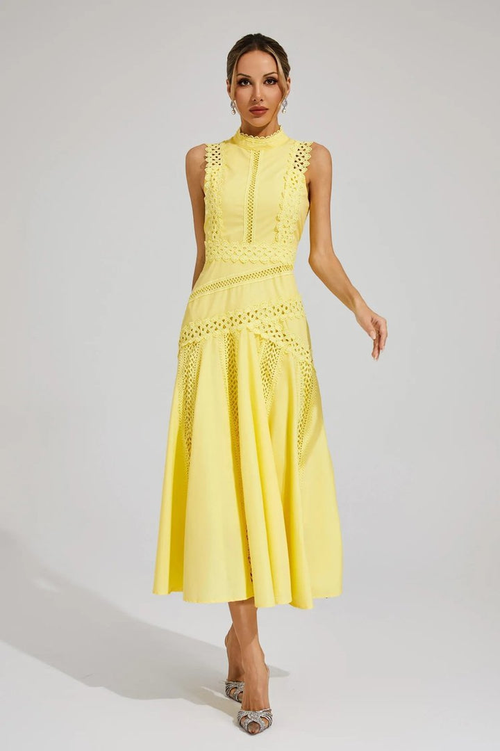 Women's Sleeveless Cutwork Lace Midi Fall Wedding Guest Dress