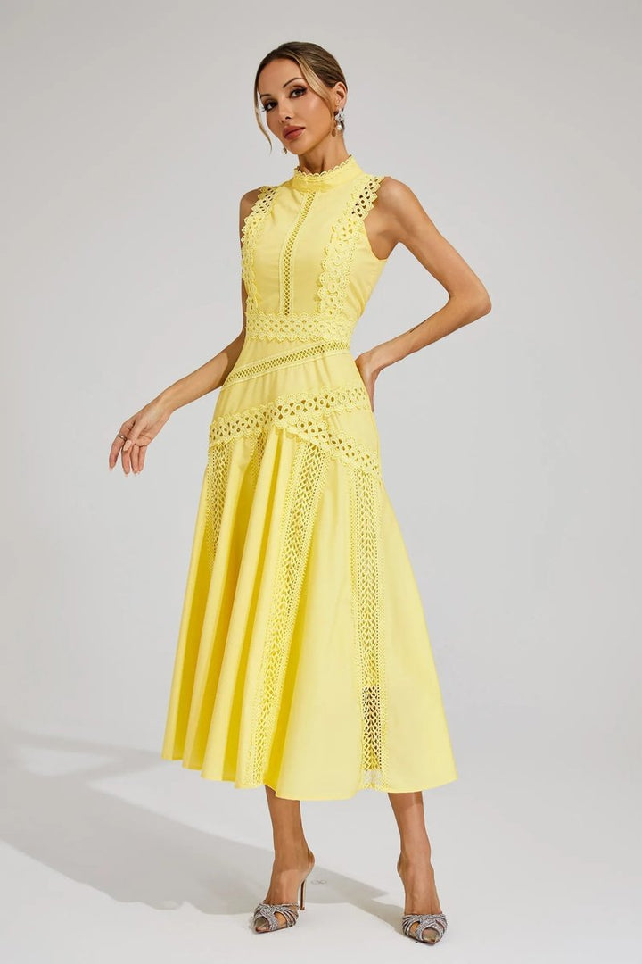 Women's Sleeveless Cutwork Lace Midi Fall Wedding Guest Dress