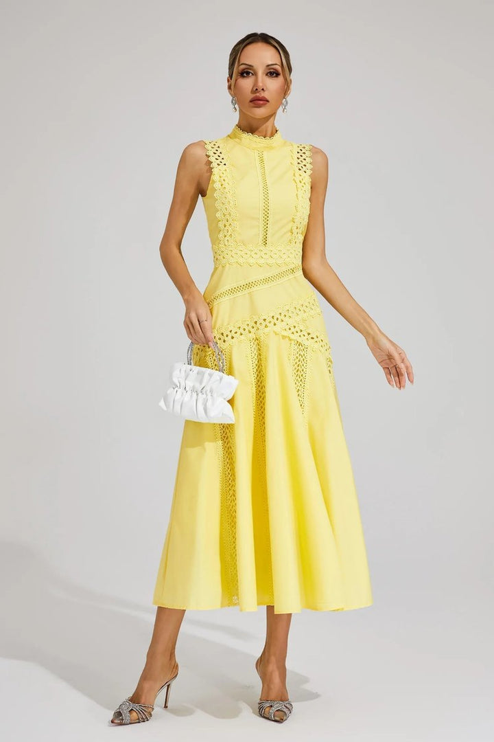 Women's Sleeveless Cutwork Lace Midi Fall Wedding Guest Dress