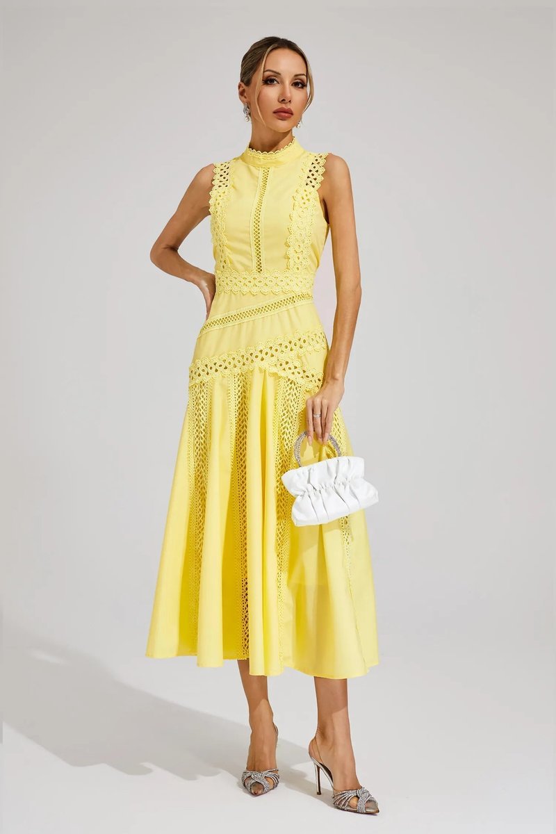 Women's Sleeveless Cutwork Lace Midi Fall Wedding Guest Dress