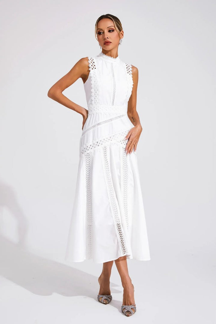Women's Sleeveless Cutwork Lace Midi Fall Wedding Guest Dress
