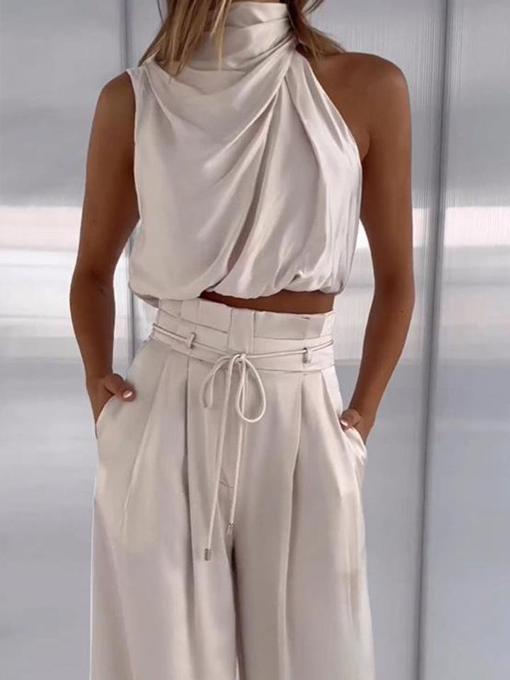Women's Sleeveless Draped-Neck High-Waist Wide-Leg Two-Piece Pants Set