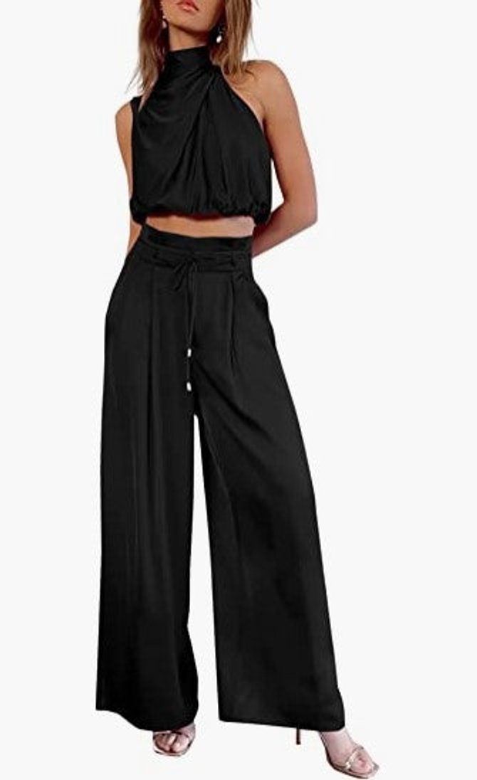 Women's Sleeveless Draped-Neck High-Waist Wide-Leg Two-Piece Pants Set