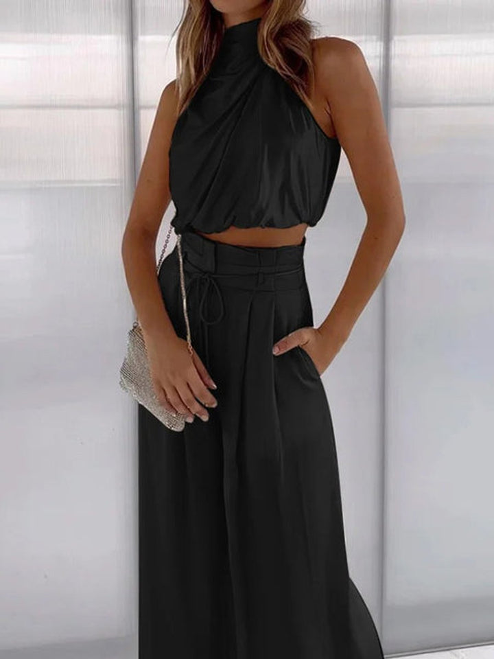 Women's Sleeveless Draped-Neck High-Waist Wide-Leg Two-Piece Pants Set
