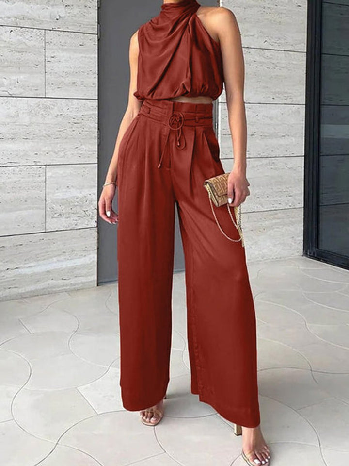 Women's Sleeveless Draped-Neck High-Waist Wide-Leg Two-Piece Pants Set