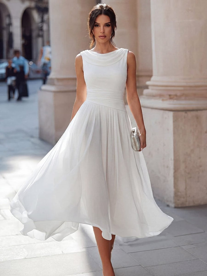 Women's Sleeveless Draped Neck Pleated Midi Formal Dress