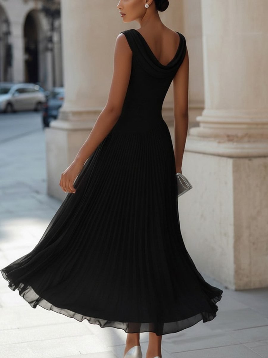 Women's Sleeveless Draped Neck Pleated Midi Formal Dress