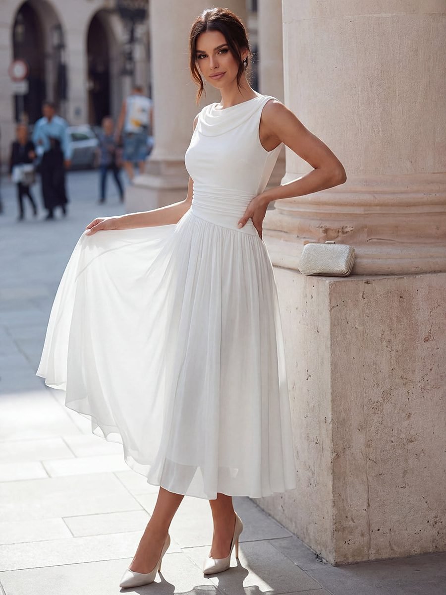 Women's Sleeveless Draped Neck Pleated Midi Formal Dress