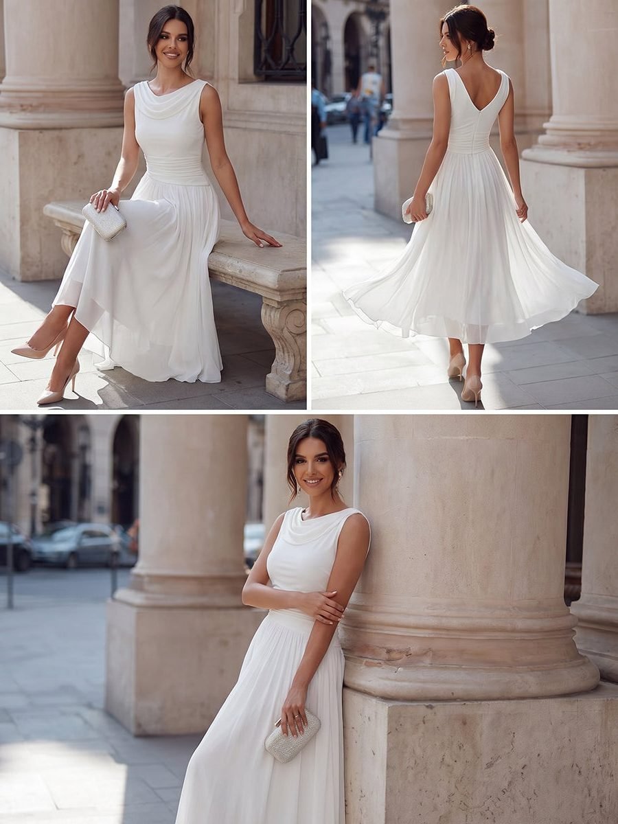 Women's Sleeveless Draped Neck Pleated Midi Formal Dress