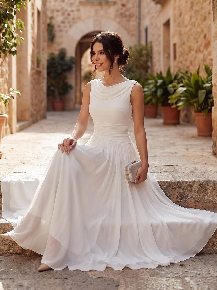 Women's Sleeveless Draped Neck Pleated Midi Formal Dress