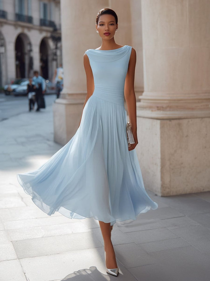 Women's Sleeveless Draped Neck Pleated Midi Formal Dress