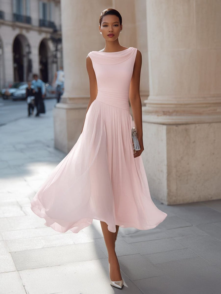 Women's Sleeveless Draped Neck Pleated Midi Formal Dress