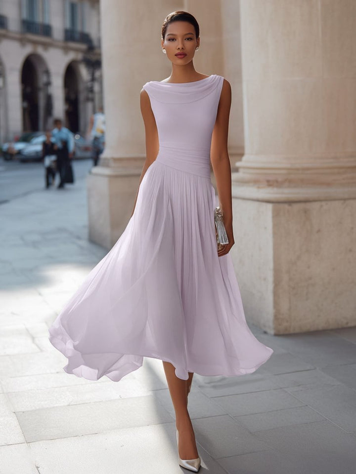 Women's Sleeveless Draped Neck Pleated Midi Formal Dress