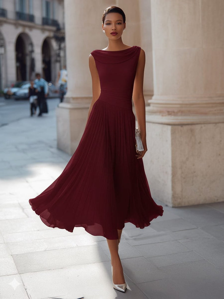 Women's Sleeveless Draped Neck Pleated Midi Formal Dress