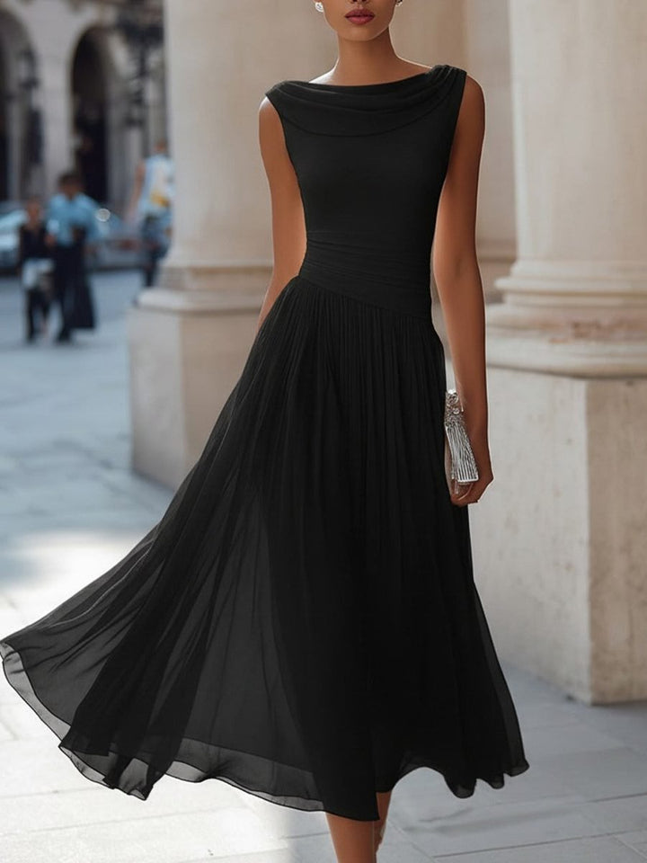 Women's Sleeveless Draped Neck Pleated Midi Formal Dress